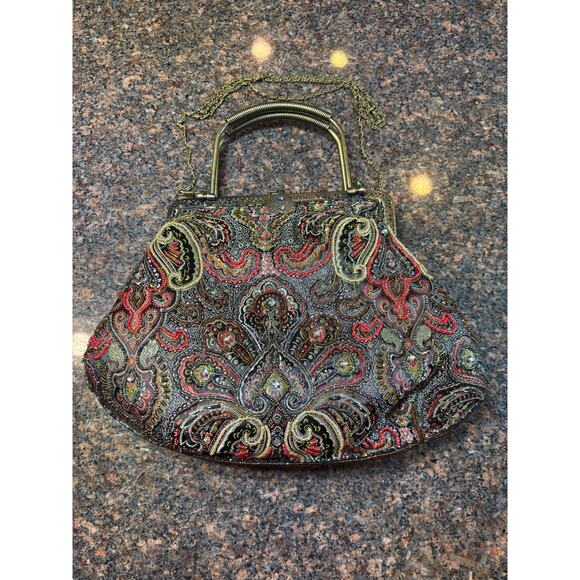 Vintage Style Beaded Bag w Metal Frame Top Handles and Chain - Picture 11 of 11